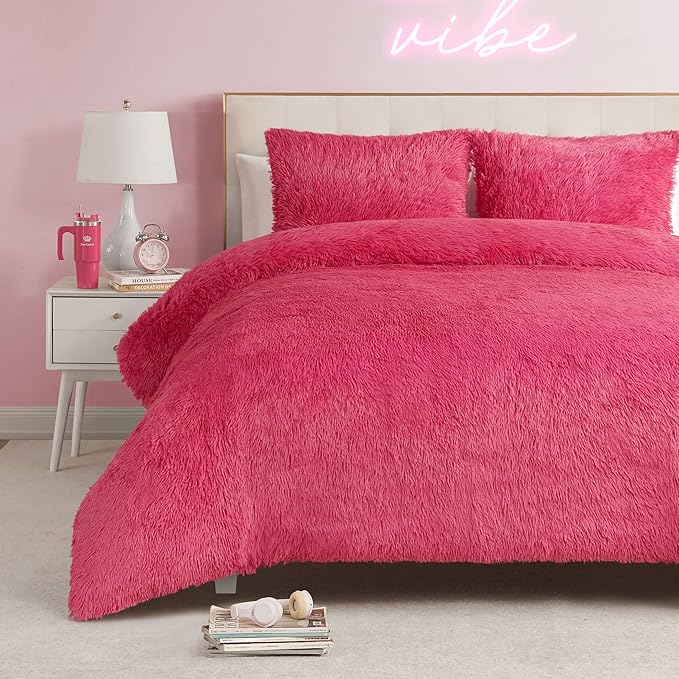 Juicy Couture Shaggy Faux Fur Hot Pink Full/Queen Comforter Set - Soft and Cozy 3-Piece Machine Washable Bedding Comforter and Sham Set