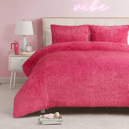 Juicy Couture Shaggy Faux Fur Hot Pink Full/Queen Comforter Set - Soft and Cozy 3-Piece Machine Washable Bedding Comforter and Sham Set