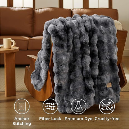Bedsure GentleSoft Fluffy Fuzzy Tie-dye Grey Throw Blanket for Men, Soft Cozy Minky Fleece Faux Fur Blanket for Couch, Mens Room Decor Charcoal Gray Bed Cover, Thick Warm Plush Gifts for Dad, Him