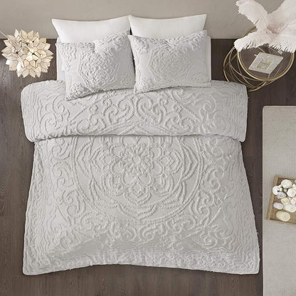 Madison Park Laetitia Comforter Bohemian Tufted Cotton Chenille, Medallion Shabby Chic All Season Down Alternative Bed Set with Matching Shams, Floral Grey Full/Queen(90"x90") 3 Piece