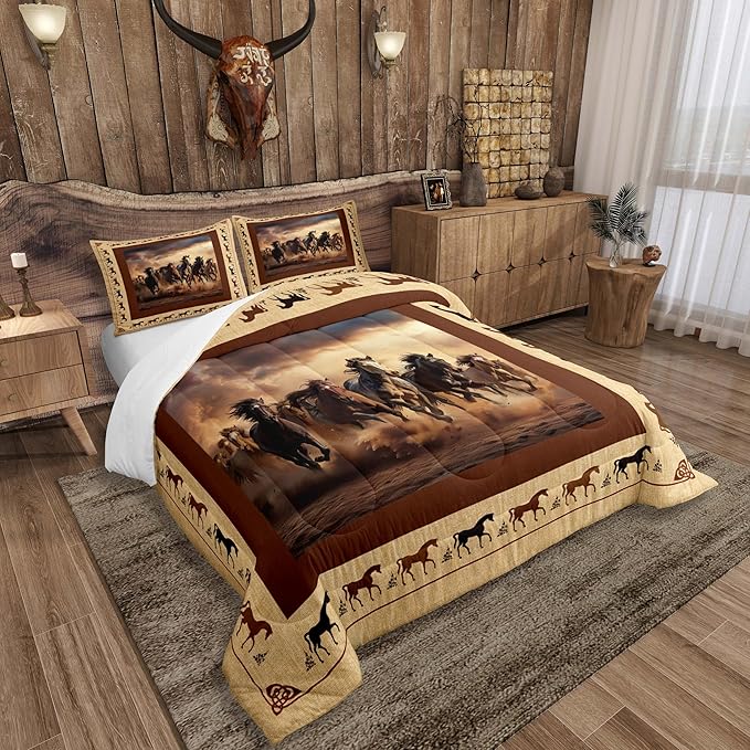 Feelyou Horse Comforter Set King Size Galloping Horse Comforter for Boys Kids Teens Western Decor Cute Animal Bedding Set Kawaii Farm Cowboy Brown Duvet Set Room Decor Quilt Set