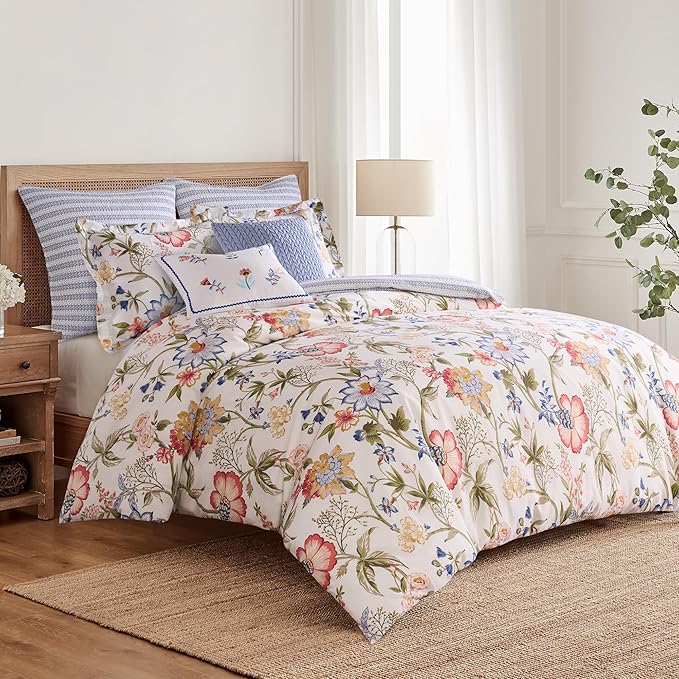 Levtex Home - Maileen Comforter Set - Twin/Twin XL Comforter (68x88in.) and 1 Standard Sham (20x26in.) - Floral - Blue Coral Green White - Reversible - Cotton