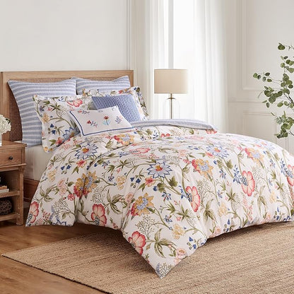 Levtex Home - Maileen Duvet Set - Twin/Twin XL Duvet Cover (68x88in.) and 1 Standard Sham (20x26in.) - Floral - Blue Coral Green White - Reversible - Cotton