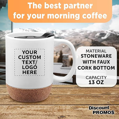 Custom Barista Ceramic Mugs with Cork Bottom 13 oz Set of 12/36/72 Personalized Bulk Pack Perfect for Coffee Tea Espresso Hot Cocoa Other Beverages - White