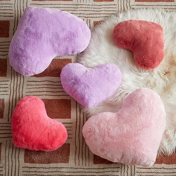 EastTree Valentines Heart Pillows, Pink Heart Shaped Pillows, Love Throw Pillows Gifts, Ultra Soft Faux Rabbit Fur Cute Pillows, Women Girls Kid Room Decor 10x13 Inch