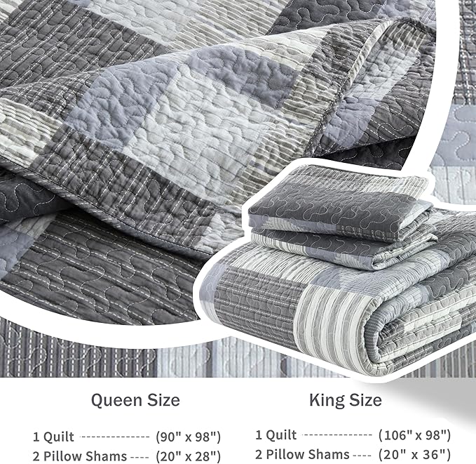 Homzard Grey Comforter Set,Cotton Plaid Striped Quilts Queen Size for The Bed,Reversible Geometric Queen Size Bedspread with 2 Pillow Shams,Lightweight 3 Piece Bedding All Season