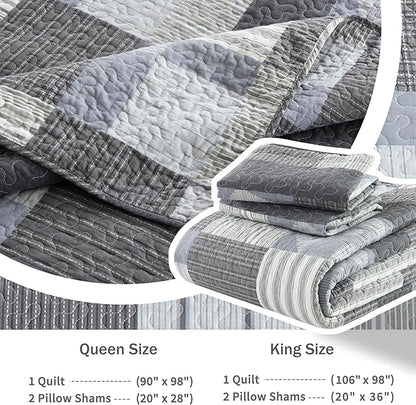 Homzard Grey Comforter Set,Cotton Plaid Striped Quilts Queen Size for The Bed,Reversible Geometric Queen Size Bedspread with 2 Pillow Shams,Lightweight 3 Piece Bedding All Season