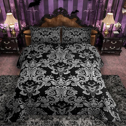 Feelyou Adults White Black Vintage Damask Floral Comforter Set Oriental Antique Comforter Queen Size Gothic Bohemia Boho Flower Bedding Set Gothic Skull Duvet Set Quilt Set 3Pcs