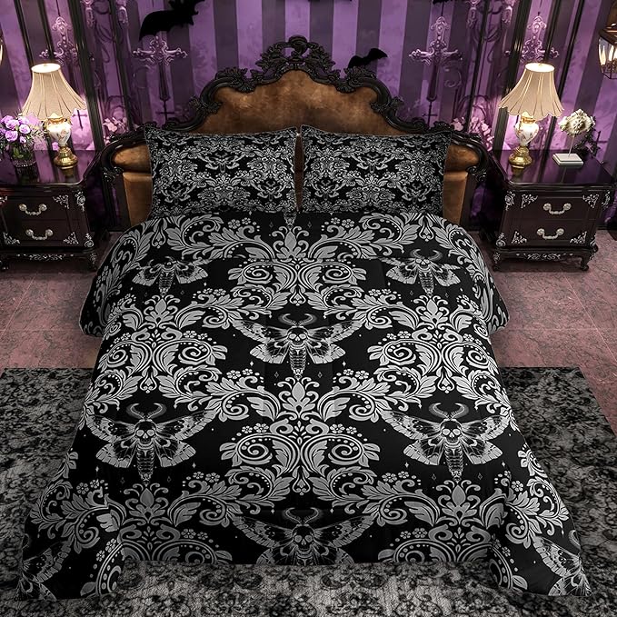 Feelyou Adults White Black Vintage Damask Floral Comforter Set Oriental Antique Comforter Twin Size Gothic Bohemia Boho Flower Bedding Set Gothic Skull Duvet Set Quilt Set 2Pcs