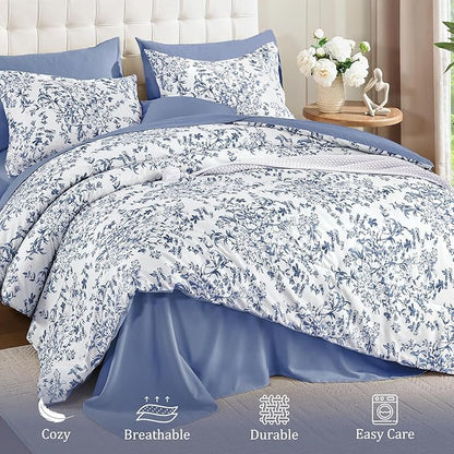 WONGS BEDDING Blue Floral Comforter Set Queen Size, 8 Pieces Flower Botanical Bed in a Bag Bedding Set, Soft Microfiber Comforter, Sheets, Pillowcases & Shams (90"x90")