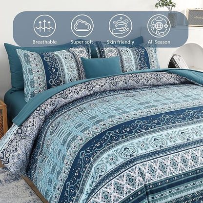 Cottolester Boho Comforter Set King Size 8 Pieces, Teal Blue Comforter Bohemian Striped Bed in A Bag, Soft Microfiber Bedding Set for All Seasons