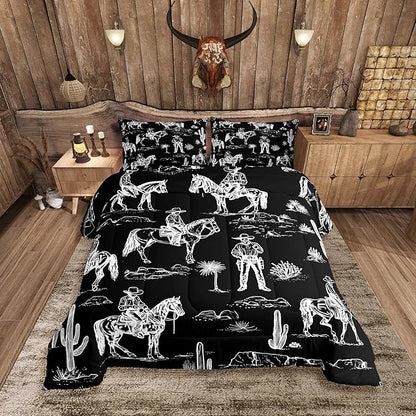 Feelyou Black Western Bedding Set King Size Horse Cowboy Comforter Set for Kids Boys Girls Decor Rustic Decor Wild Western Cowboy Comforter Tribal Duvet Quilt