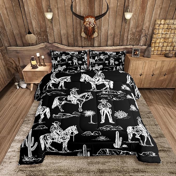 Feelyou Black Western Bedding Set Toddler Size Horse Cowboy Comforter Set for Kids Boys Girls Decor Rustic Decor Wild Western Cowboy Comforter Tribal Duvet Quilt