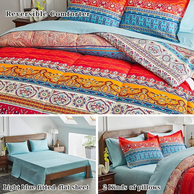 Flysheep Boho Striped Bed in a Bag 6-Pieces Twin Size, Colorful Bohemian Tribal Teal Blue Red Reversible Bed Comforter Set (1 Comforter, 1 Flat Sheet, 1 Fitted Sheet, 2 Pillow Shams, 1 Pillowcase)