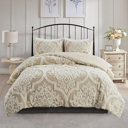 Madison Park Tufted Chenille Cotton Comforter All Season Bedding Set, Matching Shams, Full/Queen(90"x90"), Viola, Damask Taupe 3 Piece (MP10-7102)