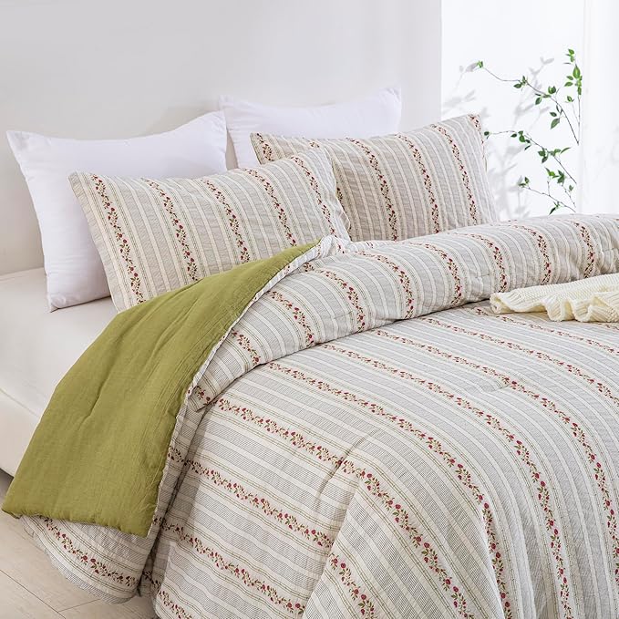 100% Cotton Jacquard Comforter Set, Striped Floral Print, Soft Lightweight Reversible 3 Piece Bedding Sets for All Season, Queen(90"x90")