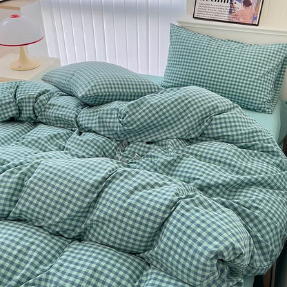mixinni Dark Green Gingham Comforter Set King, Plaid Comforter Set 3 Pieces 1 Teal Grid Comfoter with 2 Pillow Cases for All Seasons, Soft Fluffy Modern Grid Pattern Printed Bedding-King Size