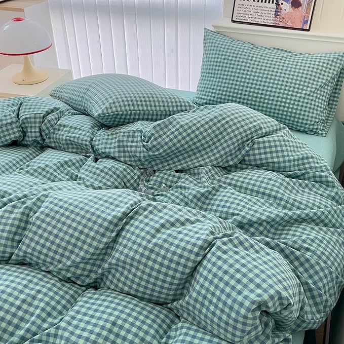 mixinni Dark Green Gingham Comforter Set Queen, Plaid Comforter Set 3 Pieces 1 Teal Grid Comfoter with 2 Pillow Cases for All Seasons, Soft Fluffy Modern Grid Pattern Printed Bedding-Queen Size