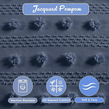 Intelligent Design King Comforter Set, Clipped Jacquard Comforter Set Chic Pompoms Accent, All Seasons Lightweight & Fluffy Comforter Bed Set with 2 Shams, Lucy, King/Cal King Navy 3 Piece