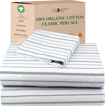 California Design Den Blue Stripe Sheets, 100% Organic Cotton Percale Sheets, Deep Pocket Twin XL Sheets & Pillowcase Set - Blue Stripe