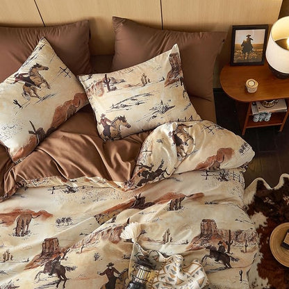 Wake In Cloud - Western Comforter Set, Rustic Ranch Life with Cowboy Southwestern Vintage Country Pattern Printed, Soft Lightweight Bedding, 3 Pieces, Ochre Brown, King Size