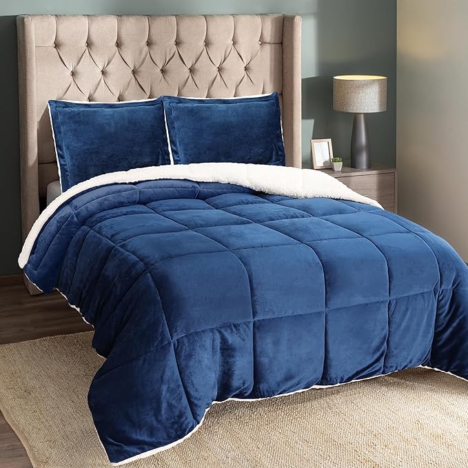 Utopia Bedding Micromink Sherpa Fleece Queen Comforter Set with 2 Pillow Shams, Plush and Warm Bedding Comforter Sets, Down Alternative Comforter, Ultra Soft and Cozy Comforter Set (Queen, Navy)