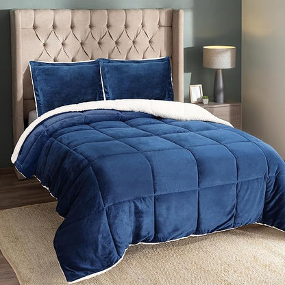 Utopia Bedding Micromink Sherpa Fleece Queen Comforter Set with 2 Pillow Shams, Plush and Warm Bedding Comforter Sets, Down Alternative Comforter, Ultra Soft and Cozy Comforter Set (Queen, Navy)