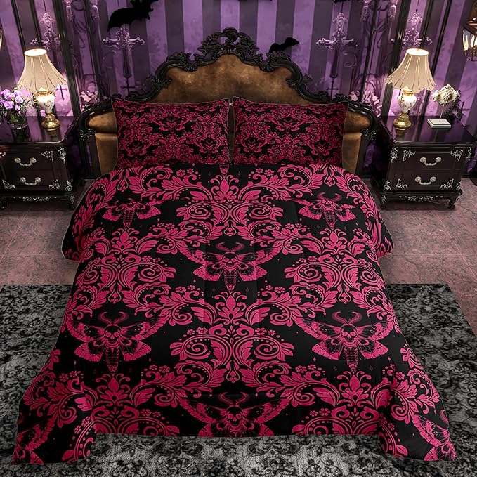 Feelyou Adults Pink Vintage Damask Floral Comforter Set Oriental Antique Comforter Full Size Gothic Bohemia Boho Flower Bedding Set Gothic Skull Duvet Set Quilt Set 3Pcs