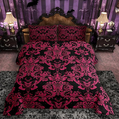 Feelyou Adults Pink Vintage Damask Floral Comforter Set Oriental Antique Comforter Queen Size Gothic Bohemia Boho Flower Bedding Set Gothic Skull Duvet Set Quilt Set 3Pcs