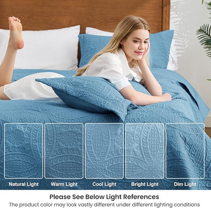 Love's cabin Twin Quilt Set Misty Blue Bedspreads Bedding Set - Soft Bed Lightweight Bedspread Comforter - Modern Style Coin Pattern Coverlet for All Season - 2 Pieces (1 Quilt, 1 Pillow Sham)