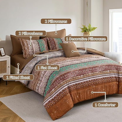 Cottolester Boho Queen Comforter Set 8 Pieces, Brown Bohemian Striped Bed in a Bag, Paisley Soft Microfiber Bedding Comforter Set