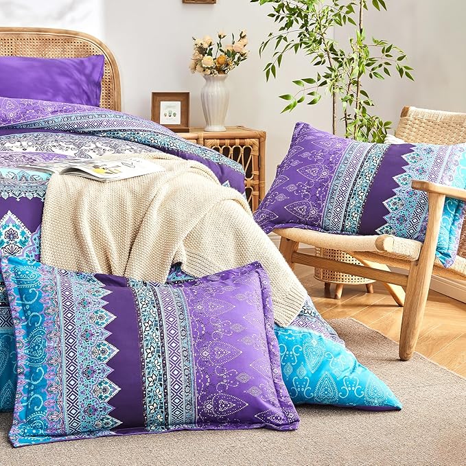 Boho Comforter Set Queen - 7 Pieces Bed in a Bag, Bohemian Striped Comforter Set with Sheets, Soft Microfiber Purple Floral Bedding Set for All Season