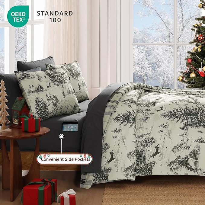 MaiRêve Christmas Full Comforter Sets, Grey Reindeer Tree Bed Set for Holiday, Reversible Gray Plaid Comforter Bed in a Bag, Soft Bedding Set 7 Pieces with Sheets, Pillowcases & Shams