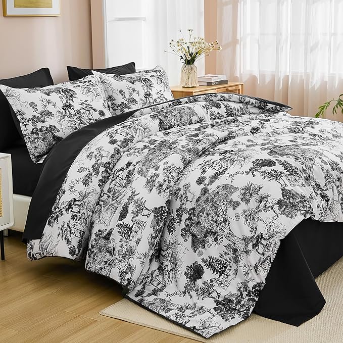 DJY Black Comforter Set King, 7 Pieces Black and White Botanical Comforters King Size Elegant Plants Print with Sheets Bed in a Bag Soft Microfiber Reversible Complete Bedding Sets for All Season