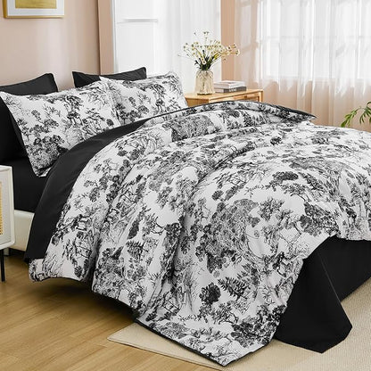 DJY Black Comforter Set King, 7 Pieces Black and White Botanical Comforters King Size Elegant Plants Print with Sheets Bed in a Bag Soft Microfiber Reversible Complete Bedding Sets for All Season