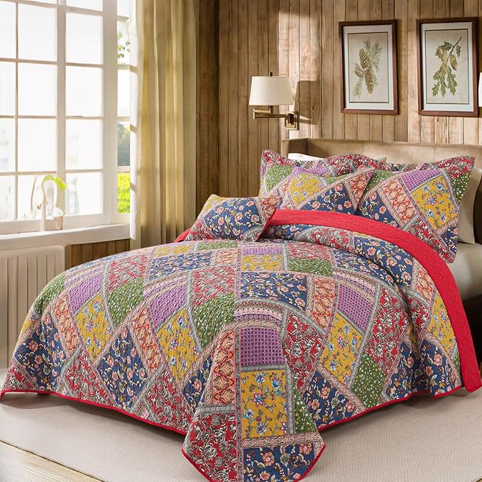 BEDIFANY Cotton King Quilt Set - Vintage Farmhouse Bedspread with Vibrant Floral Pattern, 3-Piece Lightweight Coverlet (98x106 Inch) + 2 Pillow Shams, All Seasons Multicolor Quilt Bedding Set