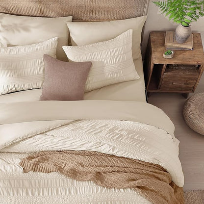 CASAAGUSTO King Size Comforter Set, 7 Pieces Beige Seersucker Bed in a Bag King Soft All Seasons, King Bedding Sets with Comforter, Flat Sheet, Fitted Sheet, 2 Pillow Shams, 2 Pillowcases