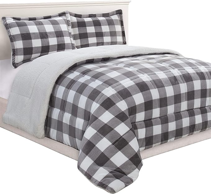 Elegant Comfort 3-Piece Buffalo Lodge-Plaid Comforter Set, Luxurious, Heavyweight, All Season, Down Alternative-Micromink Sherpa-Backing Reversible Micro-Suede, Soft and Plush, Twin, Gray/White