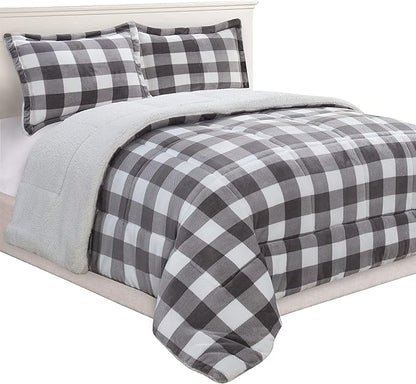 Elegant Comfort 3-Piece Buffalo Lodge-Plaid Comforter Set, Luxurious, Heavyweight, All Season, Down Alternative-Micromink Sherpa-Backing Reversible Micro-Suede, Soft and Plush, King, Gray/White