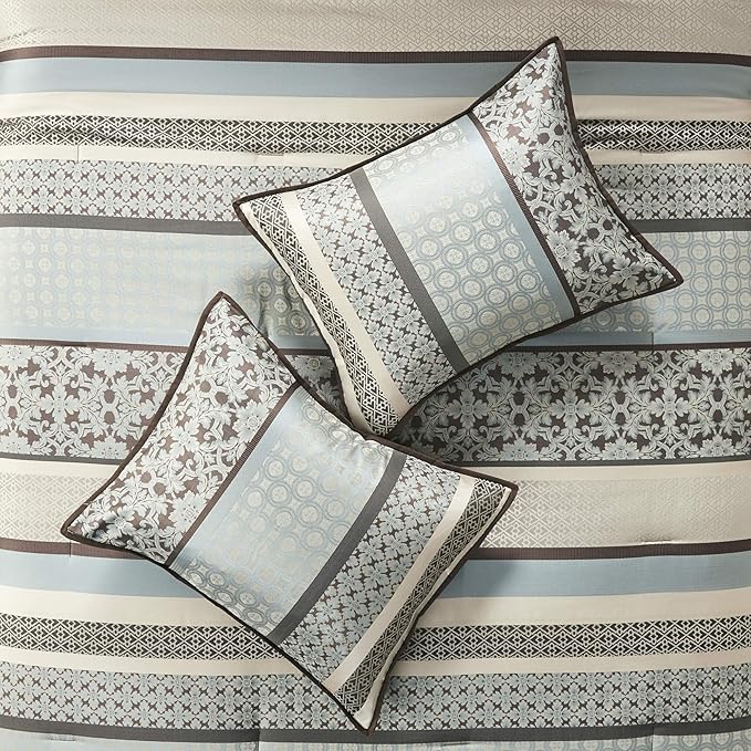 Madison Park Princeton Cozy Comforter Set - Luxurious Jaquard Traditional Damask Design, All Season Down Alternative Bedding with Matching Shams, Decorative Pillow, Cal King(104"x92"), Blue 7 Piece
