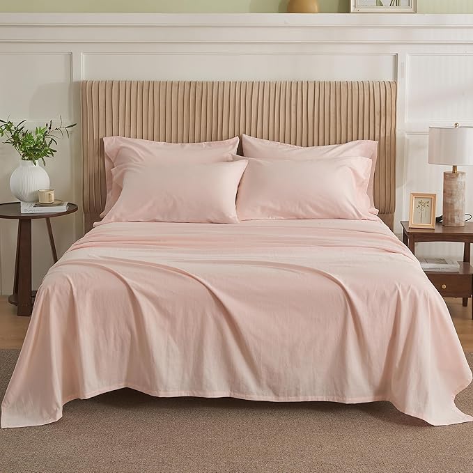 Simple&Opulence Belgian Linen Sheet Set Solid Color - 6 Pieces (1 Flat Sheet & 1 Fitted Sheet & 4 Pillowcases) 16" Deep Pocket Natural Flax Cotton Blended Soft Bedding - Pale Pink, Queen Size