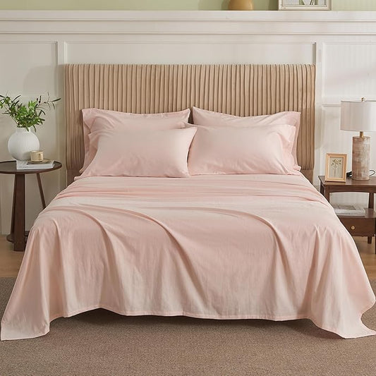 Simple&Opulence Belgian Linen Sheet Set Solid Color - 6 Pieces (1 Flat Sheet & 1 Fitted Sheet & 4 Pillowcases) 16" Deep Pocket Natural Flax Cotton Blended Soft Bedding - Pale Pink, California King