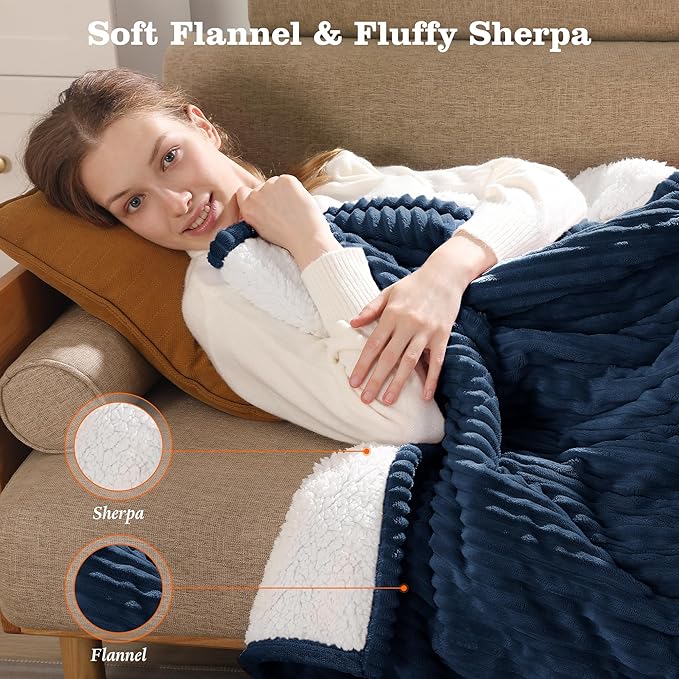 Heated Blanket Full Size Electric Blanket, 72''x84'' Washable Heated Blanket with 5 Heat Levels & 10 Hours Auto Off, Double Sided Flannel to Sherpa Heating Blanket for Grandma Gifts (Navy Blue)