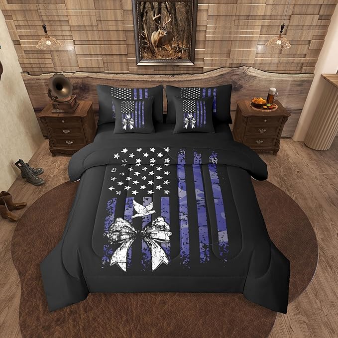 Erosebridal Bowknot King Comforter Set American Flag 7-Piece Bed in A Bag Bow Pigeons Birds Retro Camouflage Sheets and Pillowcases Black White Blue Bed Sets
