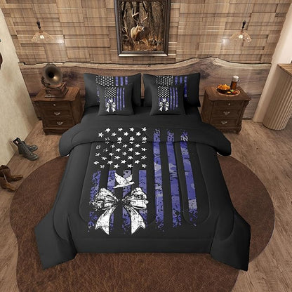 Erosebridal Bowknot King Comforter Set American Flag 7-Piece Bed in A Bag Bow Pigeons Birds Retro Camouflage Sheets and Pillowcases Black White Blue Bed Sets