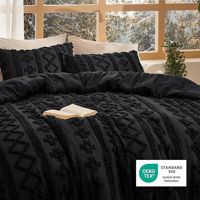 Bedsure Tufted Boho Comforter Set Queen Size - Black Boho Bed Set, GentleSoft™ 3 Pieces Farmhouse Shabby Chic Embroidery Bedding, Gifts for Woman, Soft Jacquard Queen Comforter for All Seasons