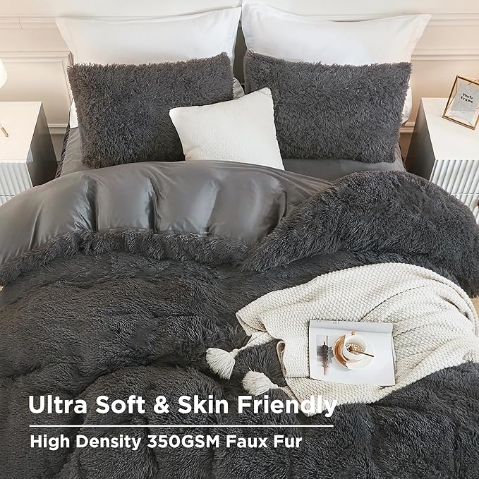Andency Dark Grey Comforter Set King Size, 3 Pieces Faux Fur Gray Fluffy Fuzzy Plush Bedding Comforter Set, Soft Puffy Comfy Down Alternative Comforter Bed Set