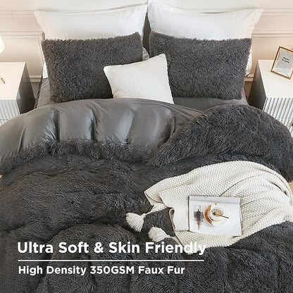Andency Dark Grey Queen Comforter Set, 3 Pieces Fluffy Faux Fur Warm Soft Fuzzy Plush Gray Bedding Comforter Set, Thick Heavy Puffy Comfy Bedding Sets