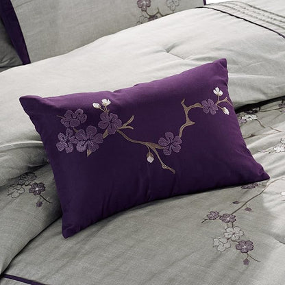 Chezmoi Collection Miki 7-Piece Luxury Floral Purple/Gray Cherry Blossom Embroidery Comforter Set, Queen