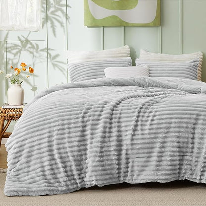 Bedsure Twin/Twin XL Comforter Set - GentleSoft™ 2 Pieces Fluffy Double-Side Fleece Comforter Set, Cozy Striped Room Decor Aesthetic, Luxury Light Grey Twin Bedding with 1 Pillowcase, 68x88 Inches